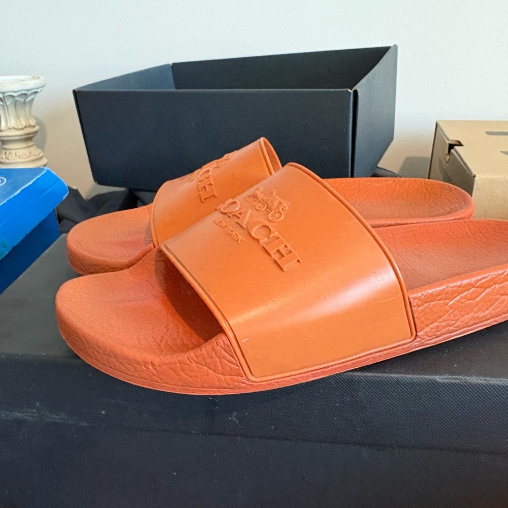Coach Men's Orange Slide Sandals with Embossed Logo